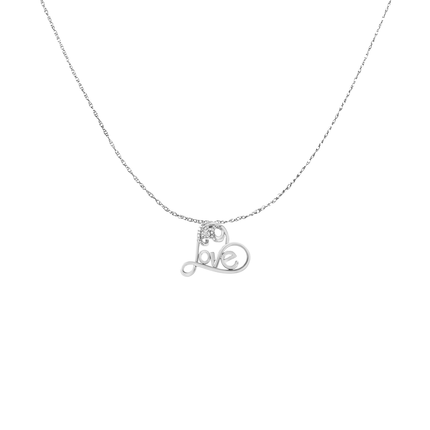 .925 Sterling Silver 1/10 Cttw Round Brilliant-Cut Diamond Accented Open Heart with Love 18" Pendant Necklace (H-I Color, I1-I2 Clarity) by Bids.com