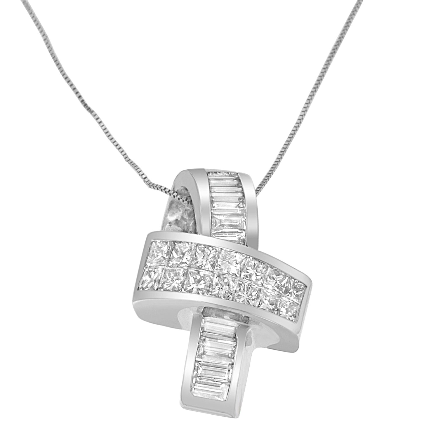 14K White Gold 2 cttw Princess and Baguette Cut Diamond Ribbon Pendant Necklace (H-I, SI-SI2) by Bids.com