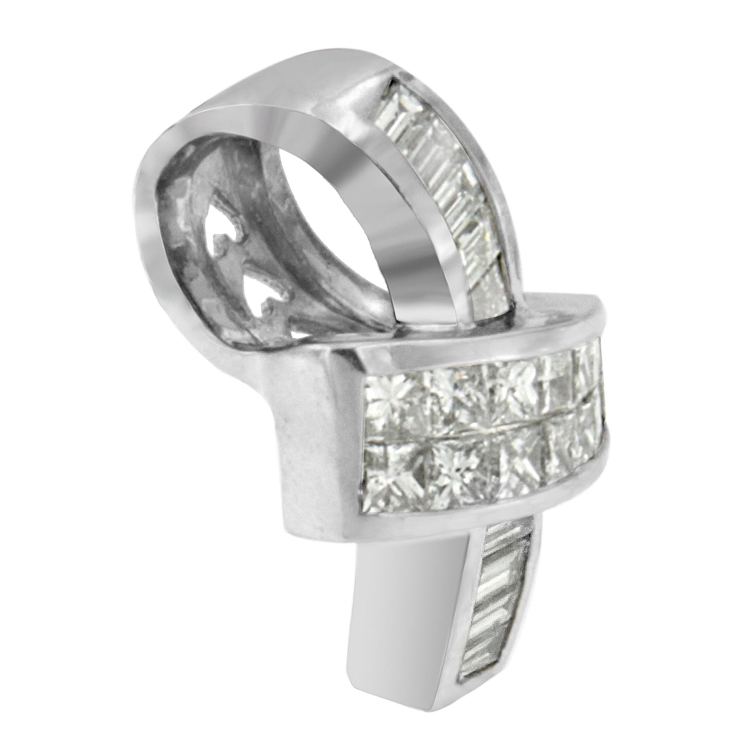 14K White Gold 2 cttw Princess and Baguette Cut Diamond Ribbon Pendant Necklace (H-I, SI-SI2) 