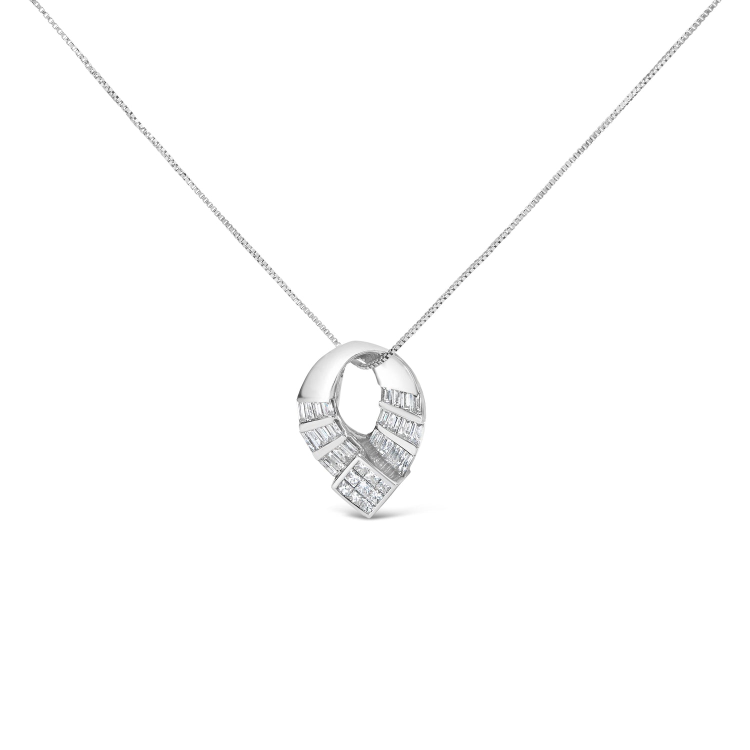 14k White Gold 1 5/8 Cttw Invisible Set Princess and Channel Set Baguette Diamond Curved Oval Shape Pendant Necklace (G-H Color, VS2-SI1 Clarity) by Bids.com