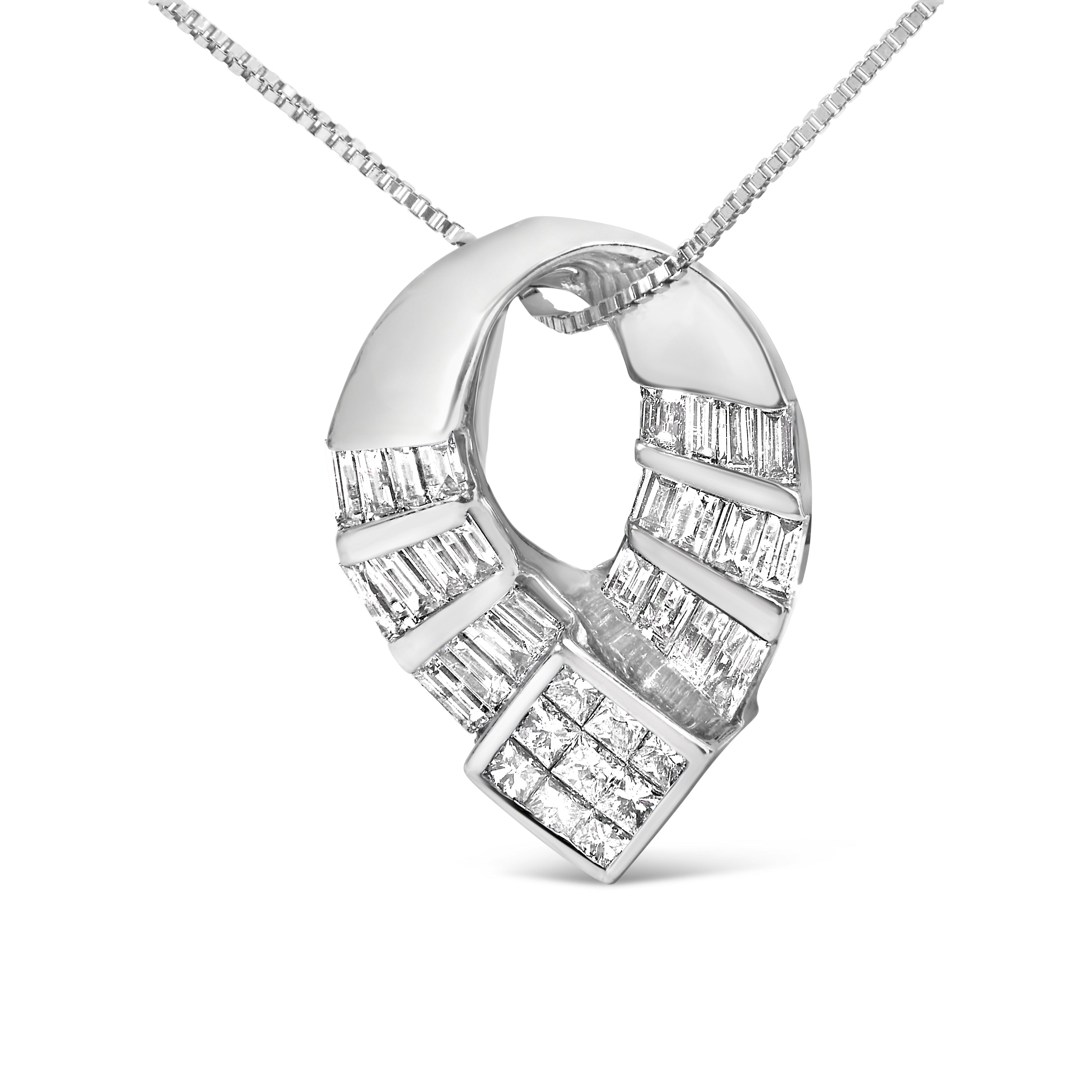 14k White Gold 1 5/8 Cttw Invisible Set Princess and Channel Set Baguette Diamond Curved Oval Shape Pendant Necklace (G-H Color, VS2-SI1 Clarity) by Bids.com