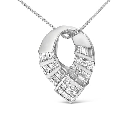 14k White Gold 1 5/8 Cttw Invisible Set Princess and Channel Set Baguette Diamond Curved Oval Shape Pendant Necklace (G-H Color, VS2-SI1 Clarity) by Bids.com