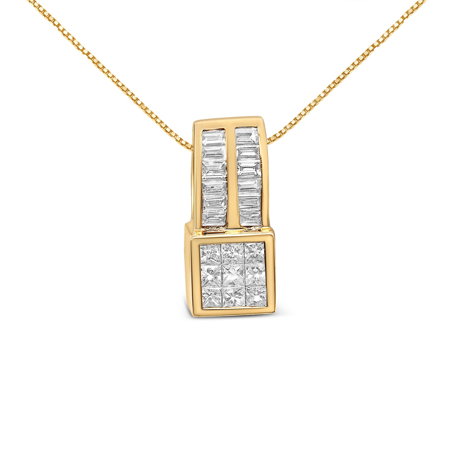 14K Yellow Gold 1 1/4 cttw Princess and Baguette Cut Geometric Inspired Diamond Pendant Necklace (H-I, VS1-VS2) by Bids.com