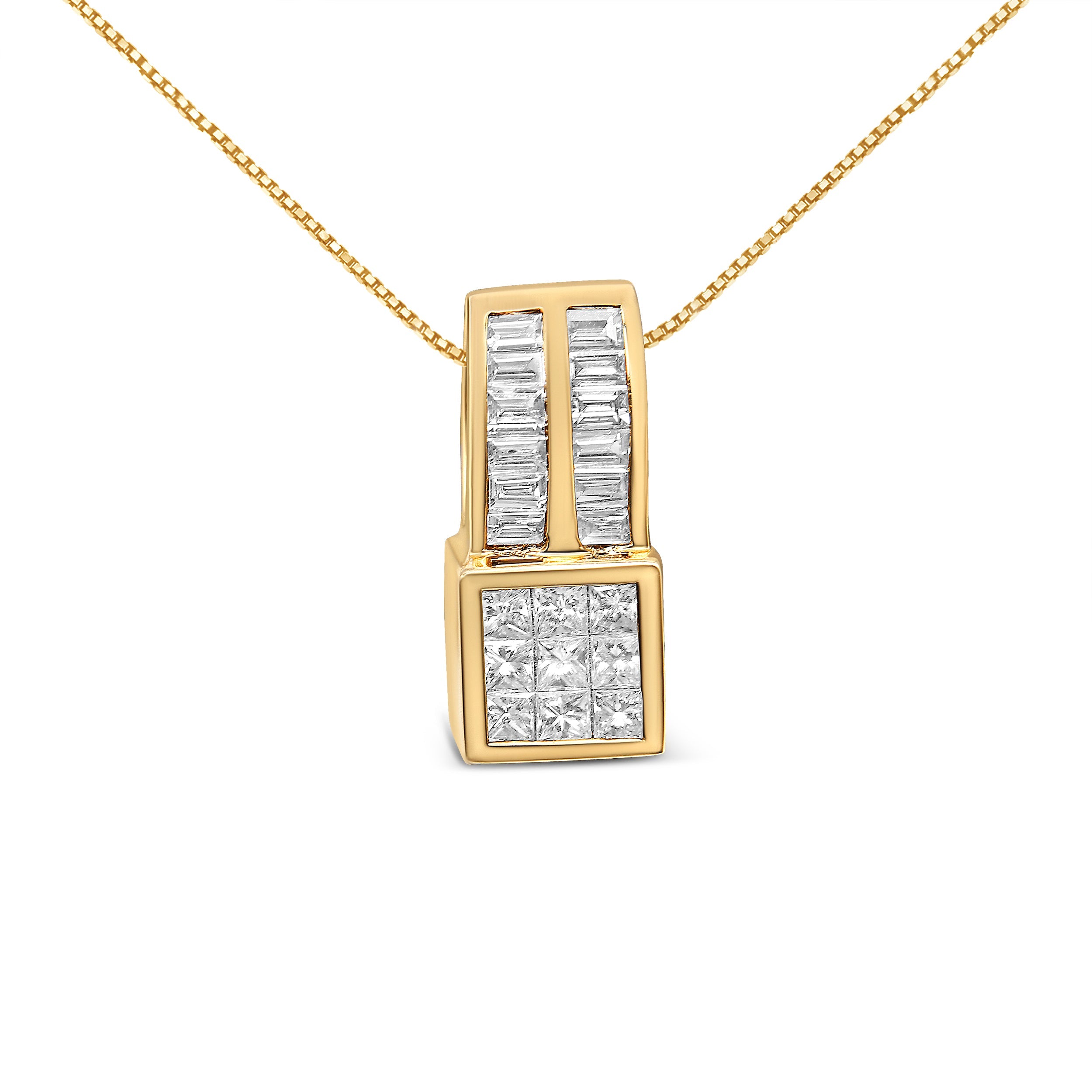 14K Yellow Gold 1 1/4 cttw Princess and Baguette Cut Geometric Inspired Diamond Pendant Necklace (H-I, VS1-VS2) by Bids.com