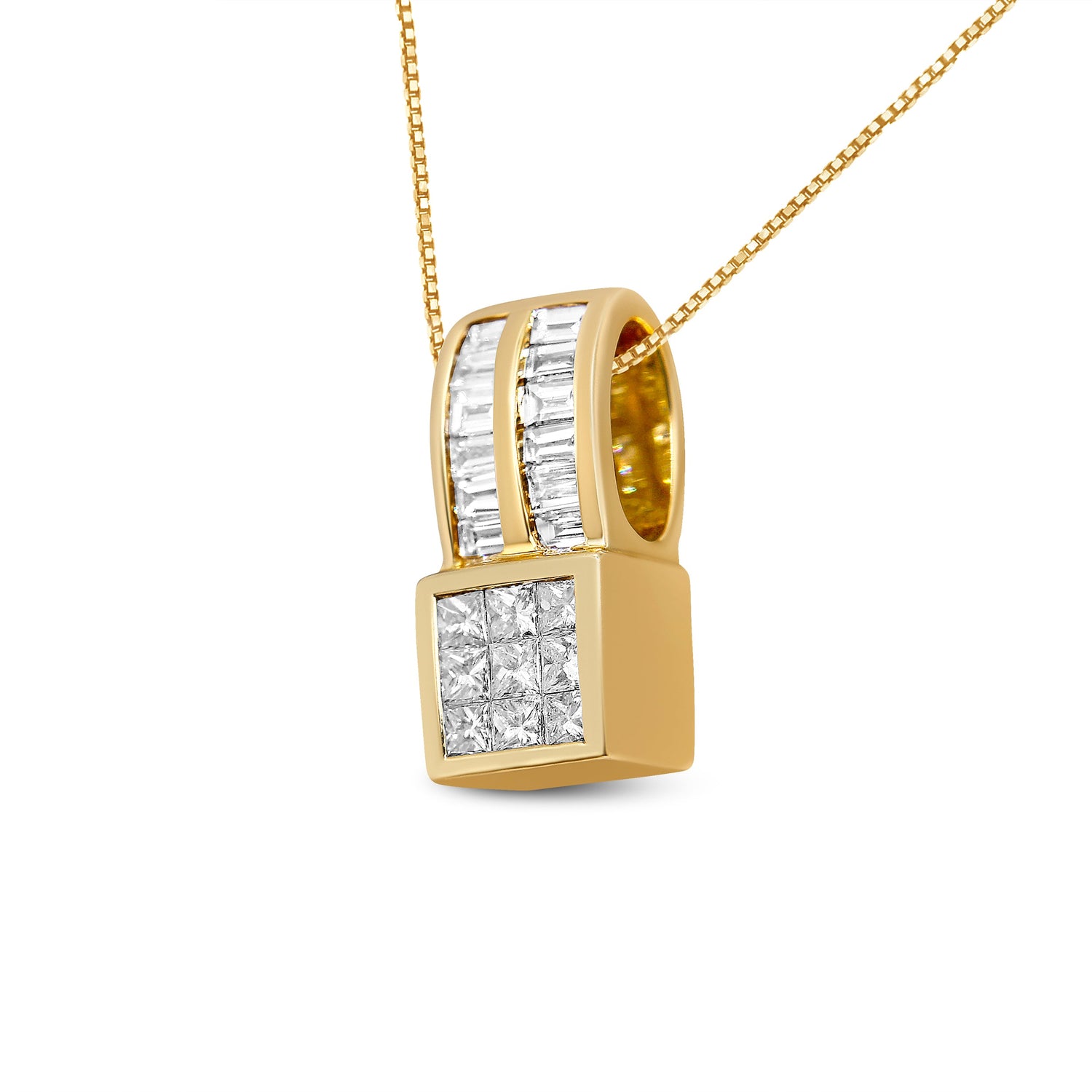 14K Yellow Gold 1 1/4 cttw Princess and Baguette Cut Geometric Inspired Diamond Pendant Necklace (H-I, VS1-VS2) by Bids.com