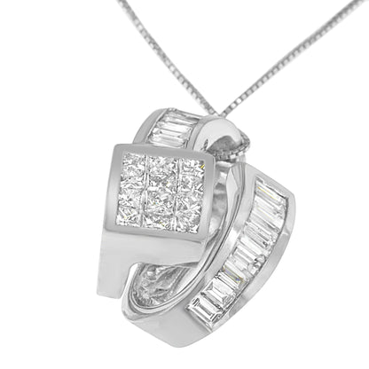 14K White Gold 2 cttw Princess and Baguette Cut Diamond Double Loop Pendant Necklace (G-H, VS1-VS2) by Bids.com