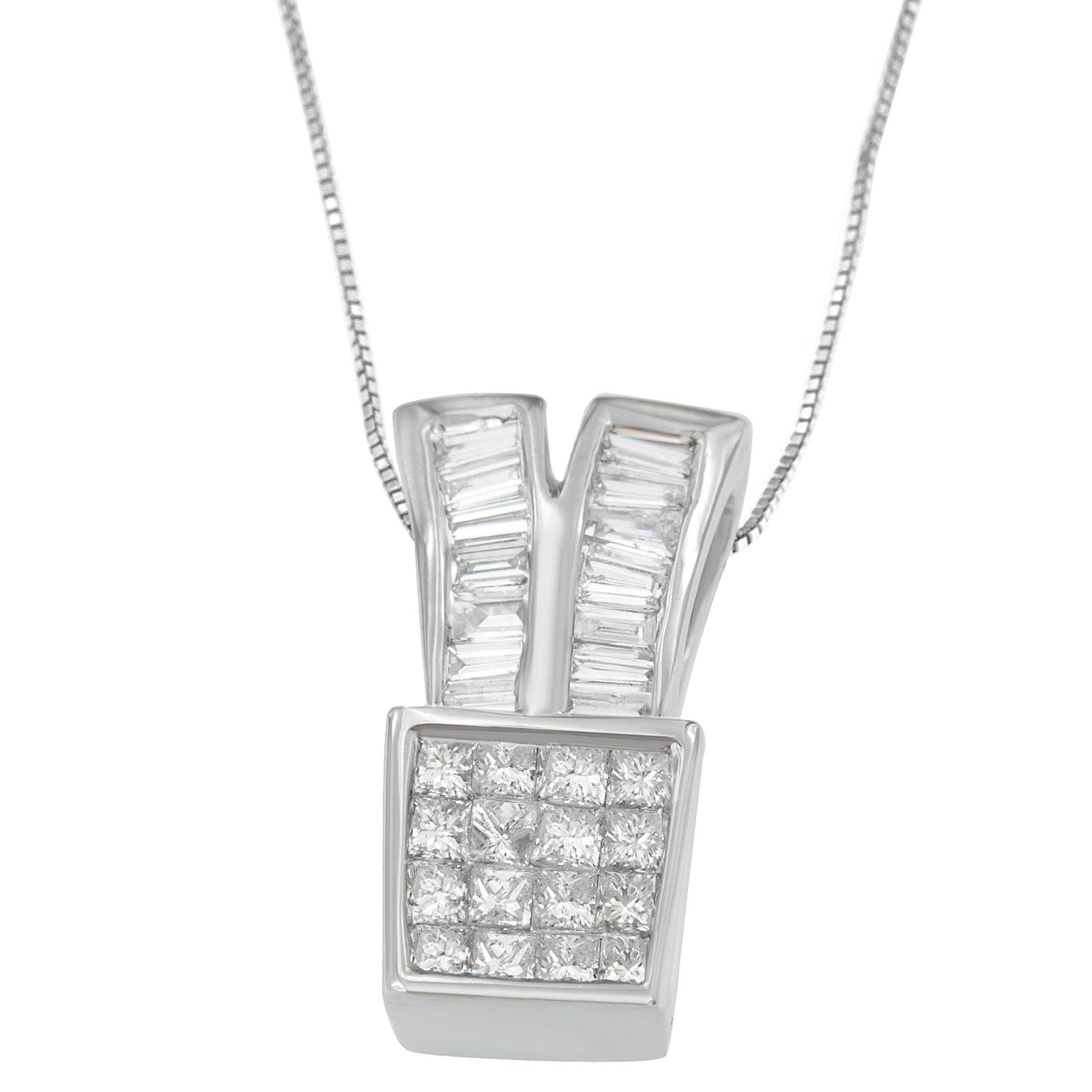14K White Gold 1 1/3 cttw Princess and Baguette Cut Diamond Sparkling Shapes Pendant Necklace (H-I, SI1-SI2) by Bids.com
