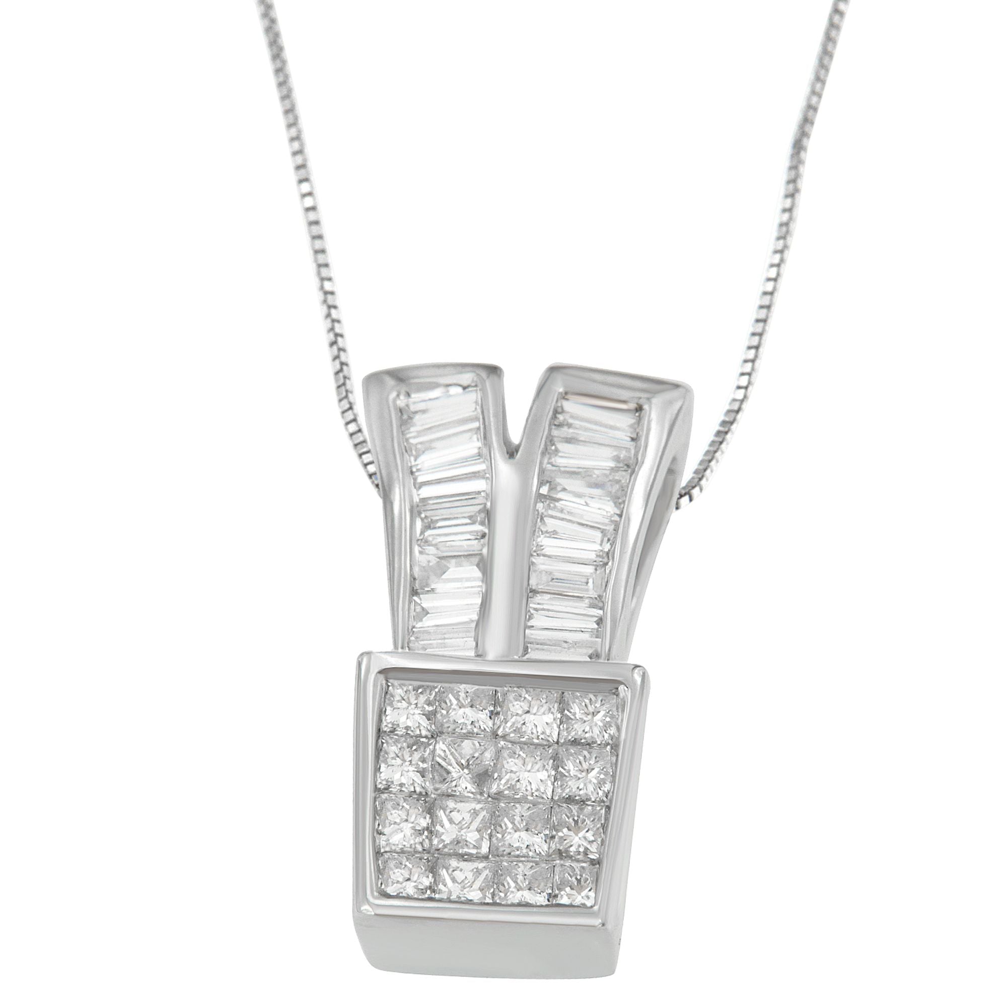 14K White Gold 1 1/3 cttw Princess and Baguette Cut Diamond Sparkling Shapes Pendant Necklace (H-I, SI1-SI2) by Bids.com
