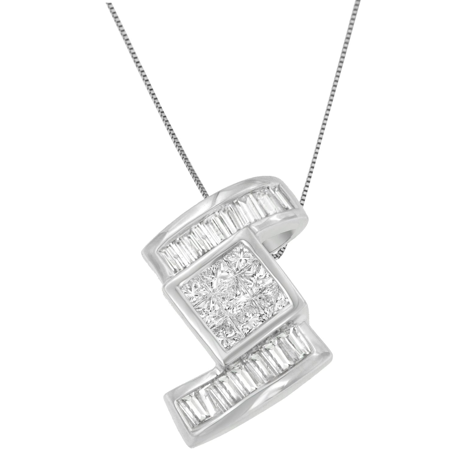 14K White Gold 1 2/5 cttw Princess and Baguette Cut Diamond Zig Zag Pendant Necklace (H-I, SI1-SI2) by Bids.com