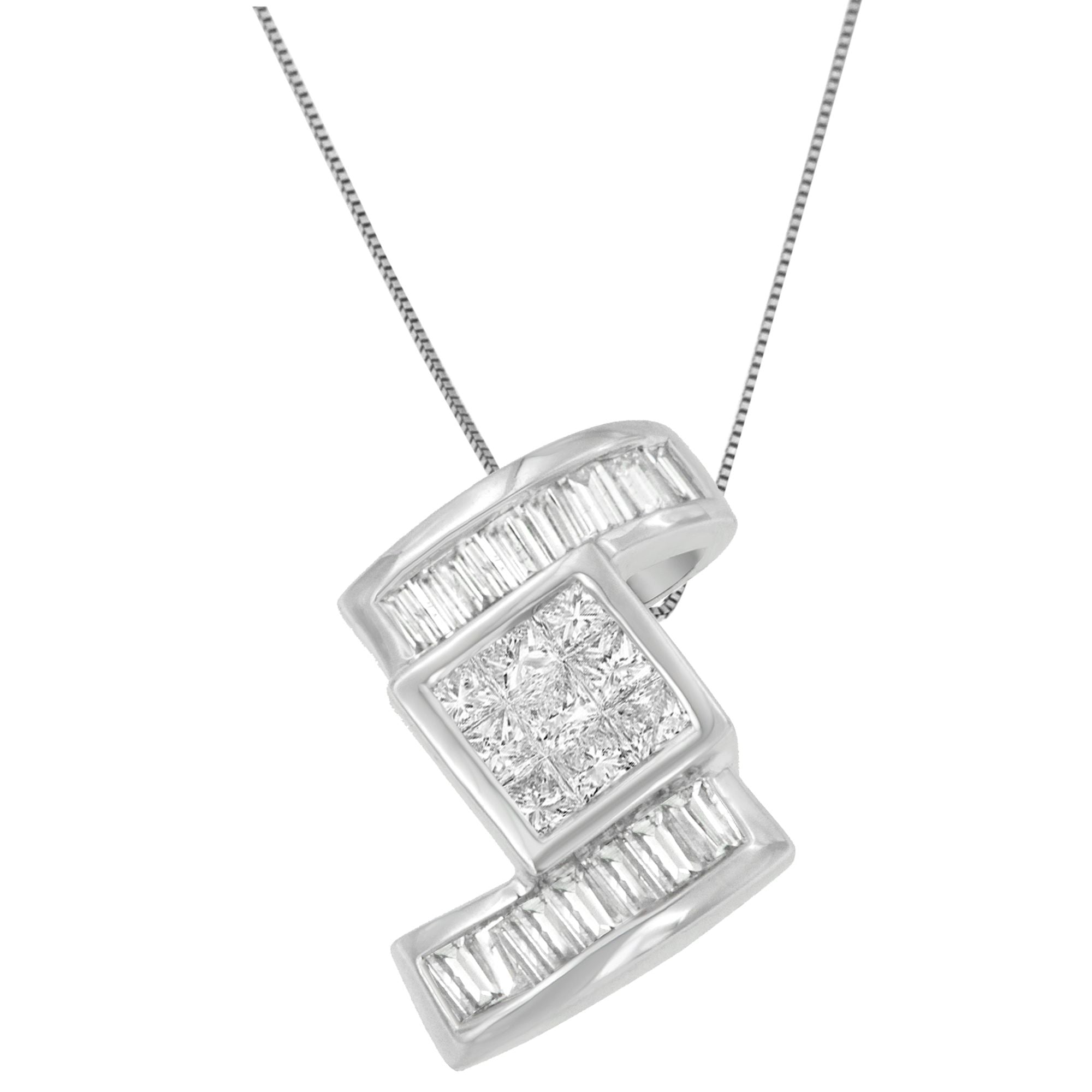14K White Gold 1 2/5 cttw Princess and Baguette Cut Diamond Zig Zag Pendant Necklace (H-I, SI1-SI2) by Bids.com