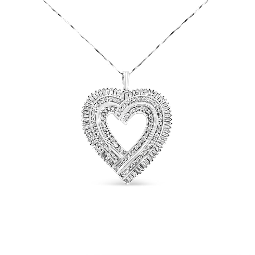 .925 Sterling Silver 1 1/4 Cttw Round and Baguette-Cut Diamond Composite Heart 18" Pendant Necklace (I-J Color, I1-I2 Clarity) by Bids.com