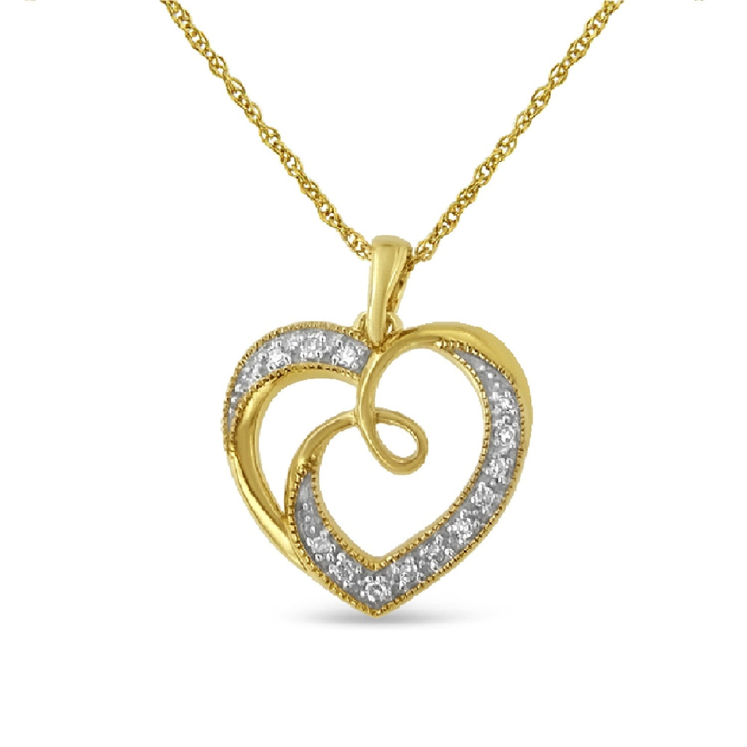 14K Yellow Gold Plated .925 Sterling Silver Diamond Accent Ribbon &amp; Heart 18" Pendant Necklace (H-I Color, I2-I3 Clarity)
