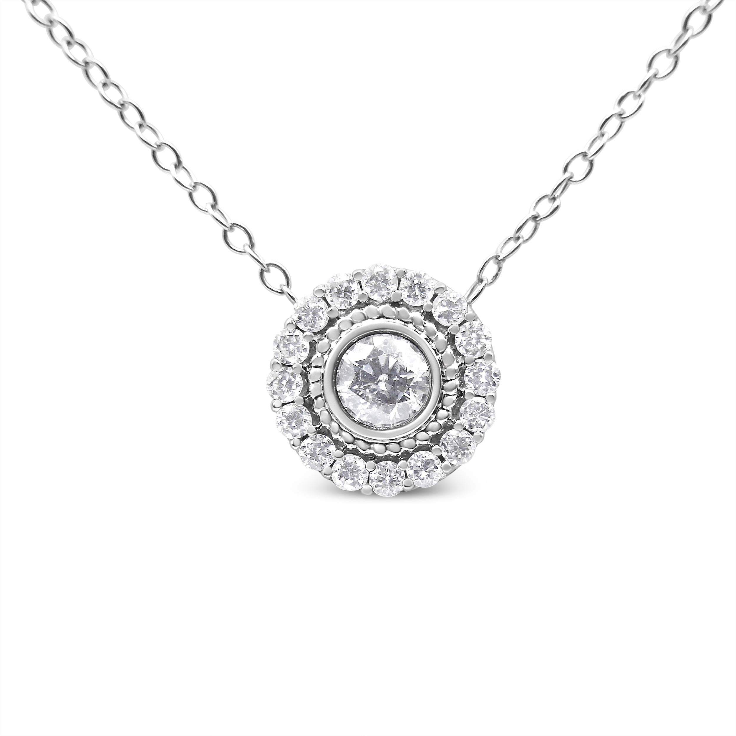 .925 Sterling Silver 1/2 Cttw Round Diamond Halo Circle Pendant 18" Necklace (I-J Color, I2-I3 Clarity) by Bids.com