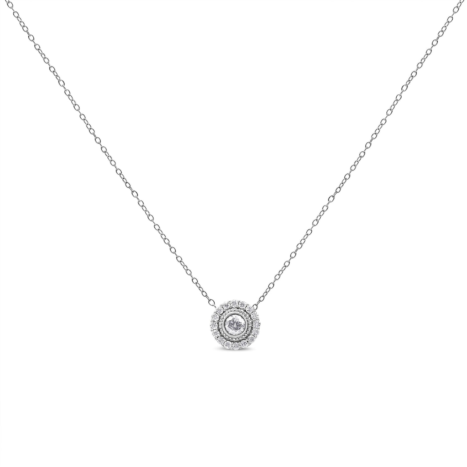 .925 Sterling Silver 1/2 Cttw Round Diamond Halo Circle Pendant 18" Necklace (I-J Color, I2-I3 Clarity) by Bids.com
