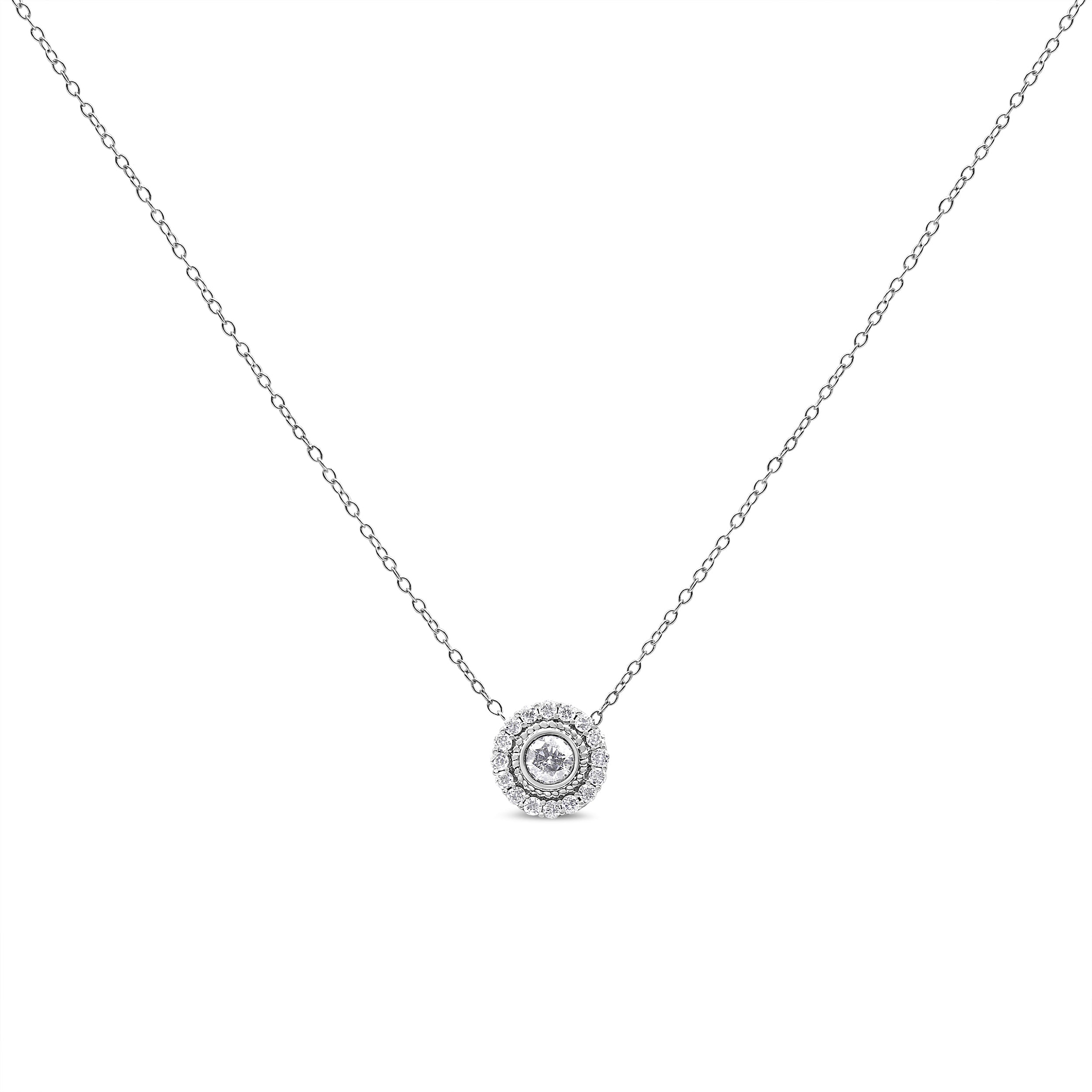 .925 Sterling Silver 1/2 Cttw Round Diamond Halo Circle Pendant 18" Necklace (I-J Color, I2-I3 Clarity) by Bids.com