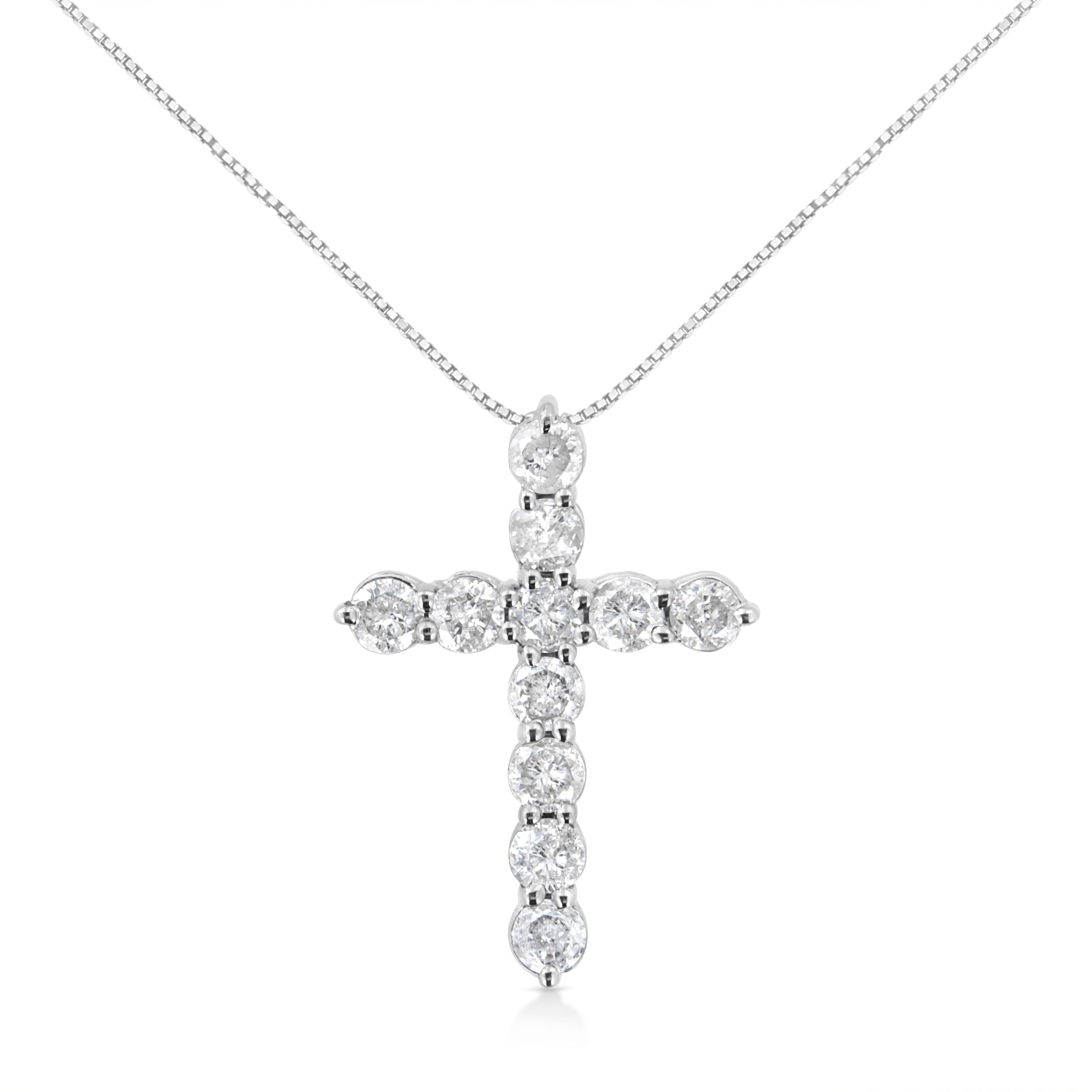 .925 Sterling Silver 1.0 Cttw Prong Set Round-Cut Diamond Cross 18" Pendant Necklace (I-J Color, I2-I3 Clarity)  DestGlow
