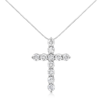 .925 Sterling Silver 1.0 Cttw Prong Set Round-Cut Diamond Cross 18" Pendant Necklace (I-J Color, I2-I3 Clarity)  DestGlow