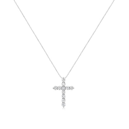 .925 Sterling Silver 1.0 Cttw Prong Set Round-Cut Diamond Cross 18" Pendant Necklace (I-J Color, I2-I3 Clarity)  DestGlow