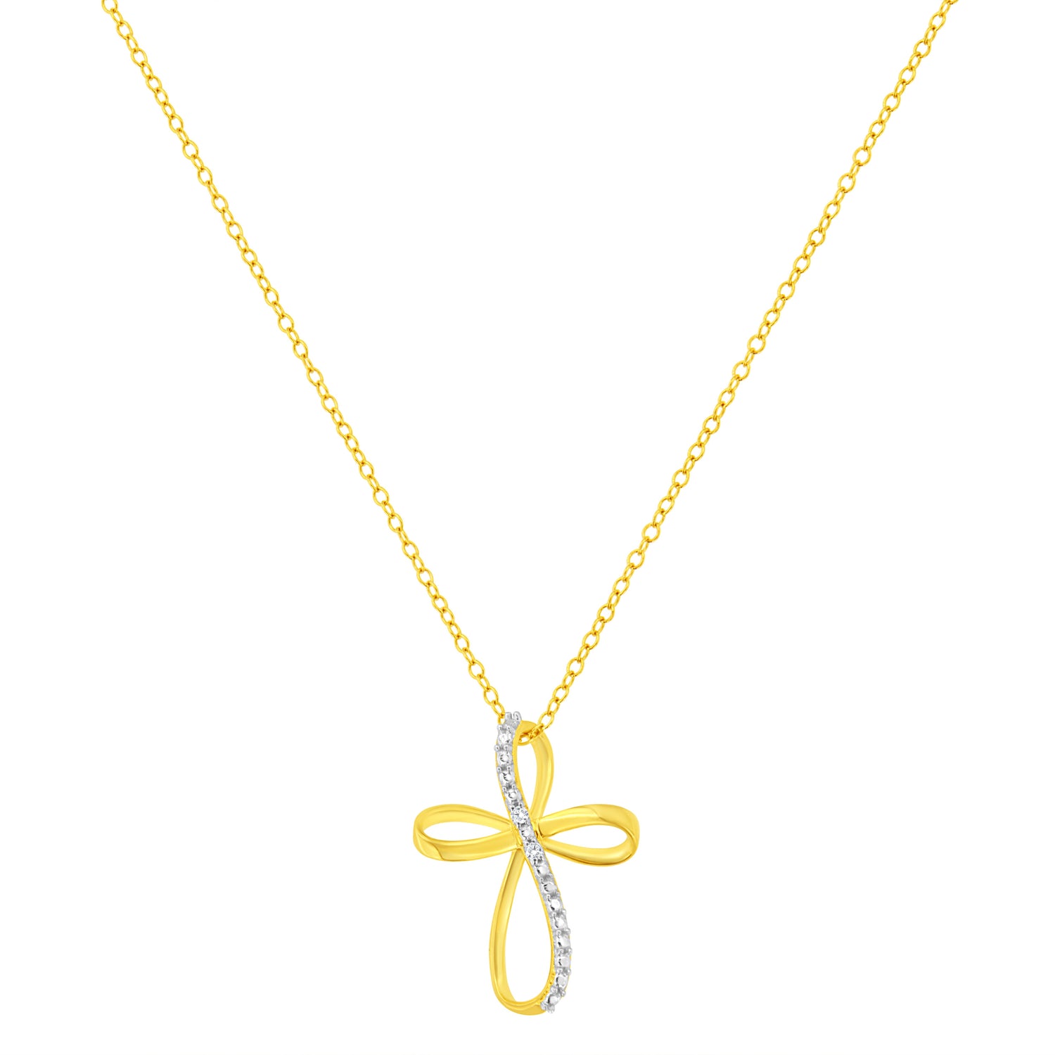 10K Yellow Gold Plated .925 Sterling Silver Diamond Accent Cross Ribbon 18" Pendant Necklace (I-J Color, I2-I3 Clarity) by Bids.com