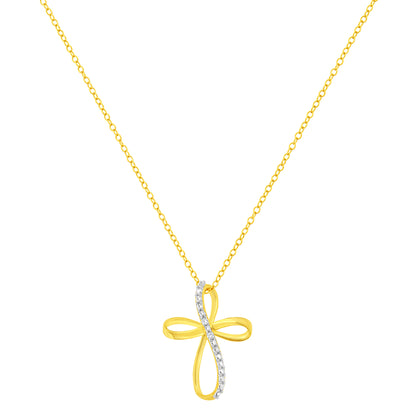 10K Yellow Gold Plated .925 Sterling Silver Diamond Accent Cross Ribbon 18" Pendant Necklace (I-J Color, I2-I3 Clarity) by Bids.com