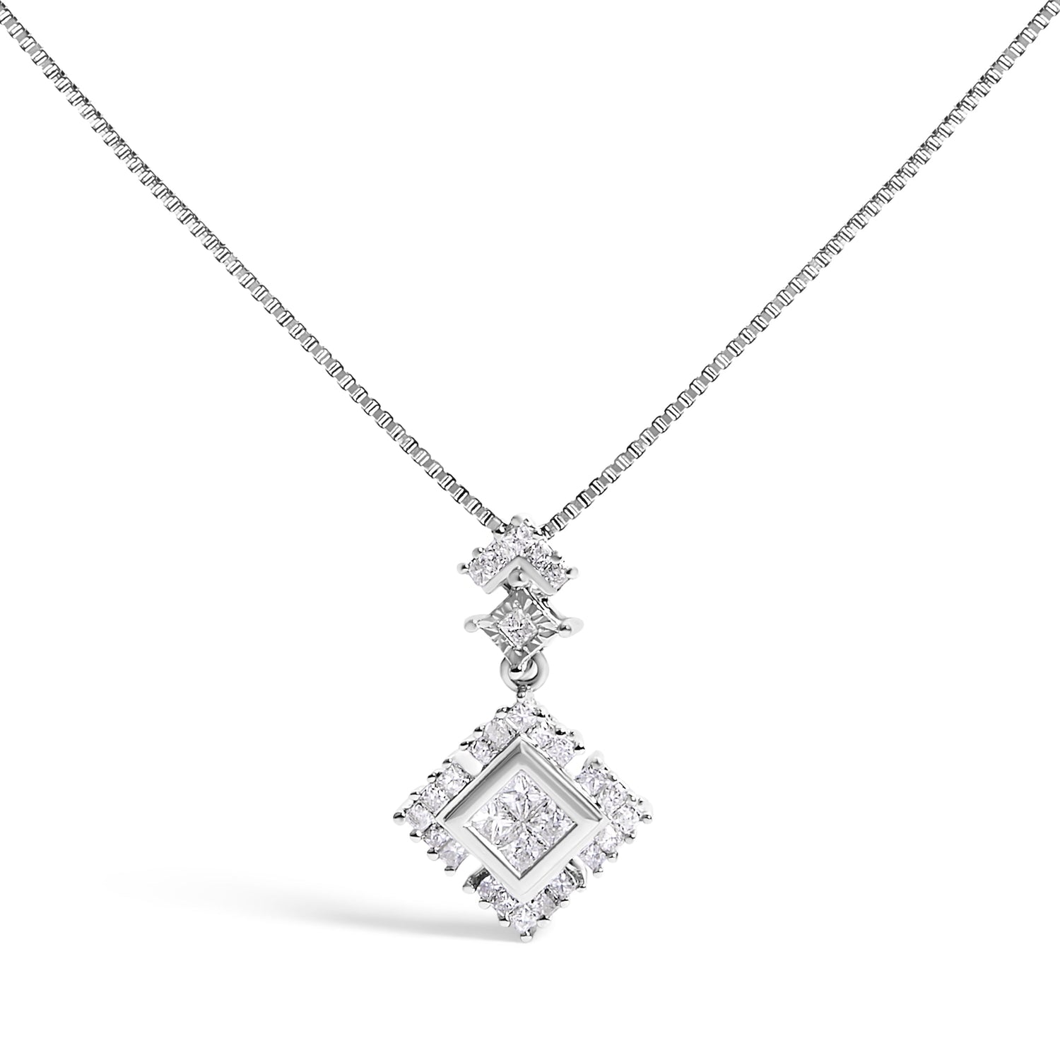 10K White Gold 1/2 Cttw Princess Cut Rhombus Drop Pendant Necklace  DestGlow