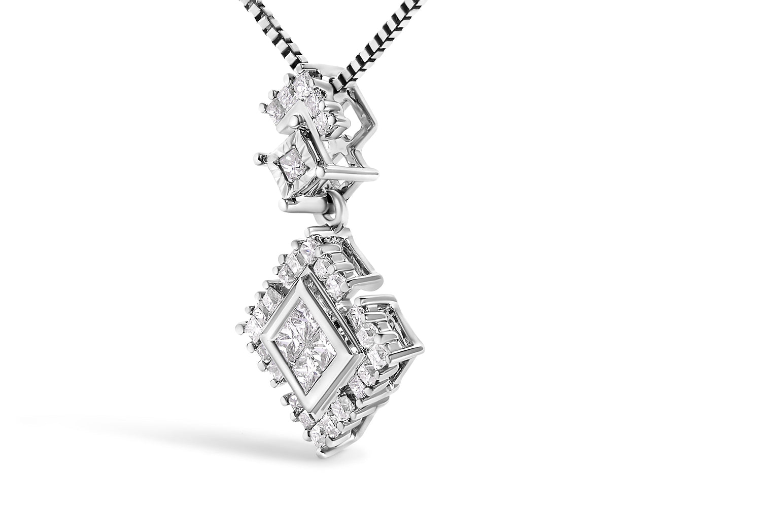 10K White Gold 1/2 Cttw Princess Cut Rhombus Drop Pendant Necklace  DestGlow
