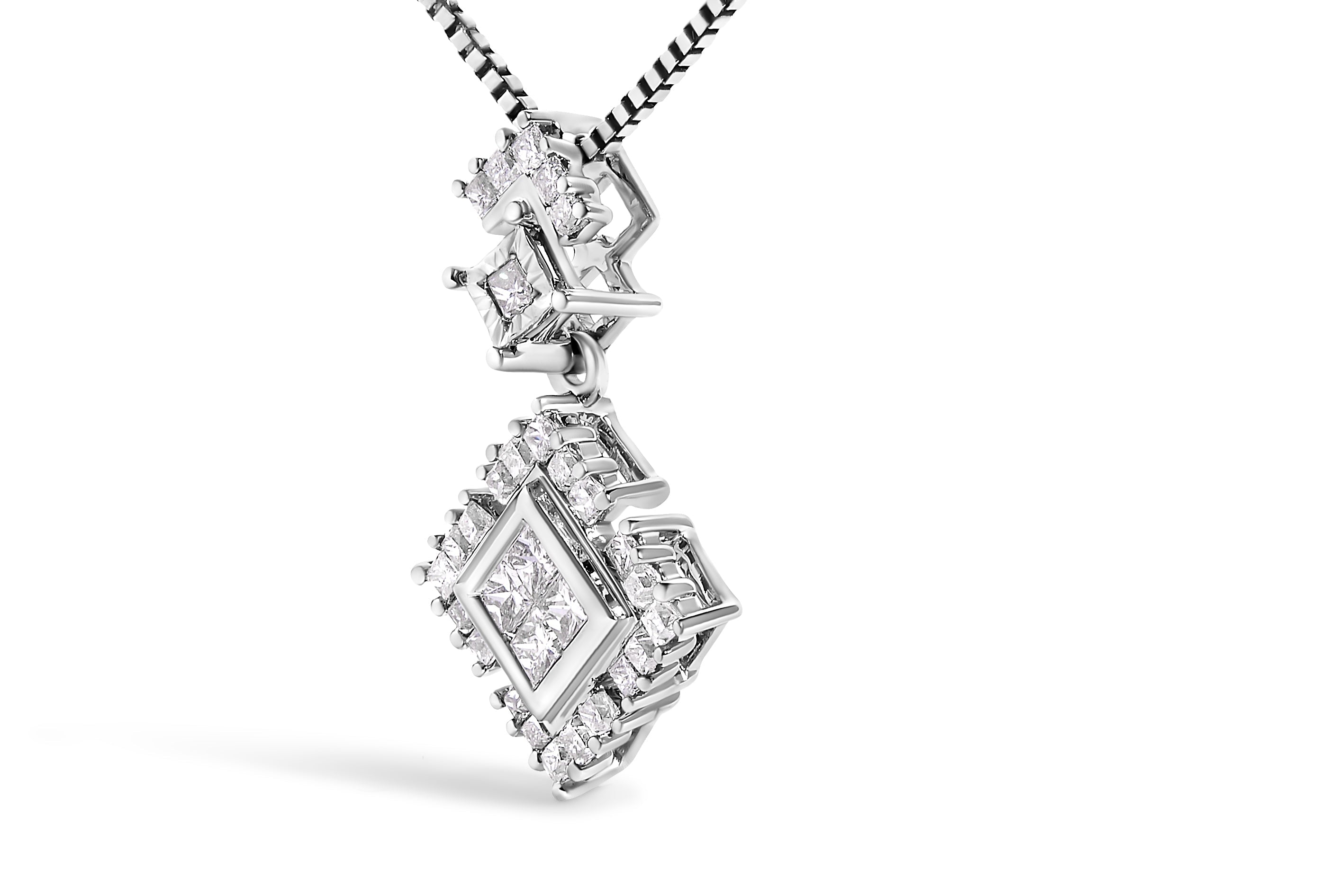 10K White Gold 1/2 Cttw Princess Cut Rhombus Drop Pendant Necklace  DestGlow
