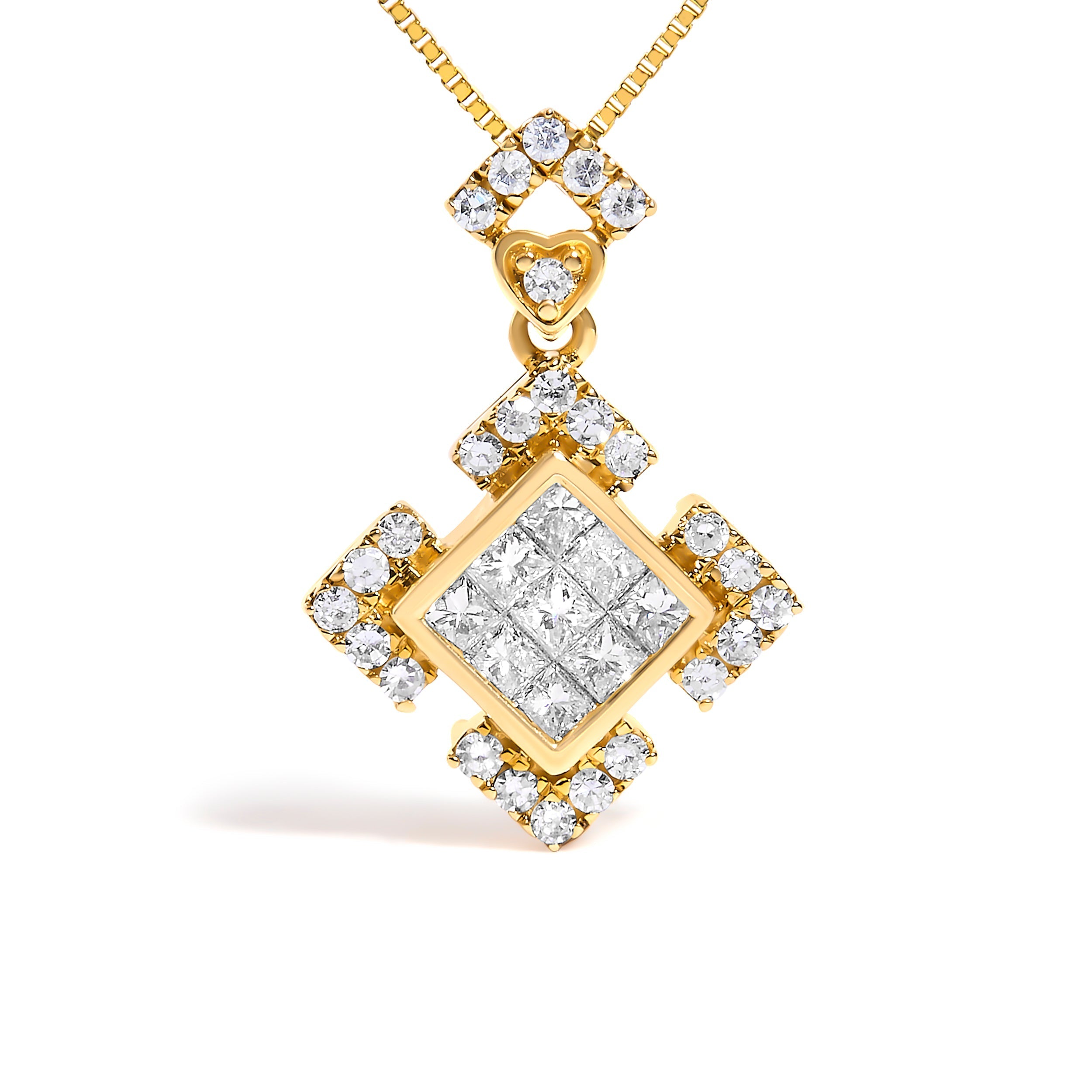 10K Yellow Gold 3/8 Cttw Princess Diamond Geometric Pendant Necklace  DestGlow