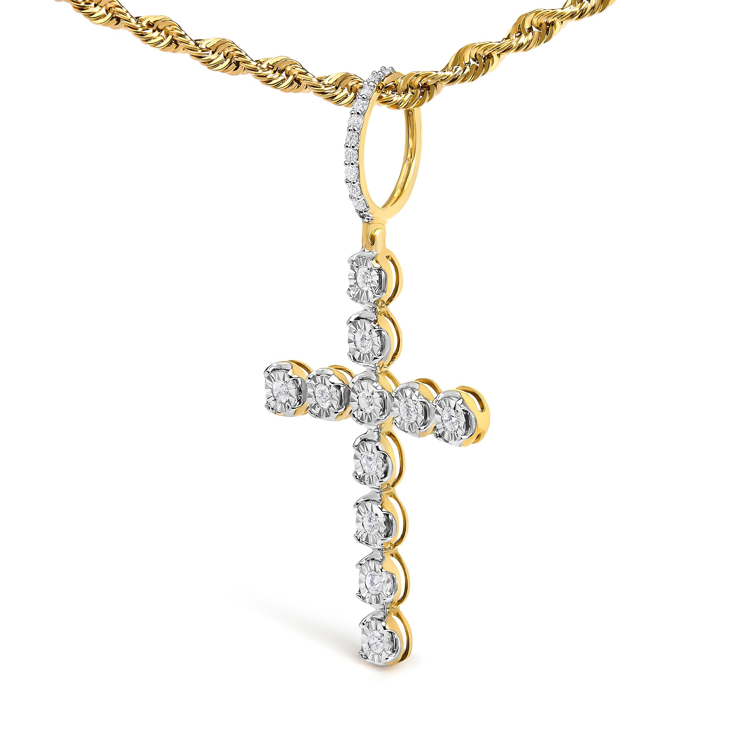 10K Yellow Gold 5/8 Cttw Miracle Set Round Diamond Circle Link Cross Men&