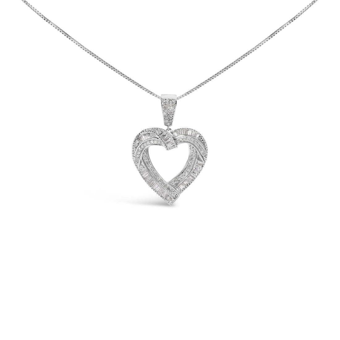 .925 Sterling Silver 1.00 Cttw Baguette and Round Diamond Open Heart Pendant Necklace  DestGlow