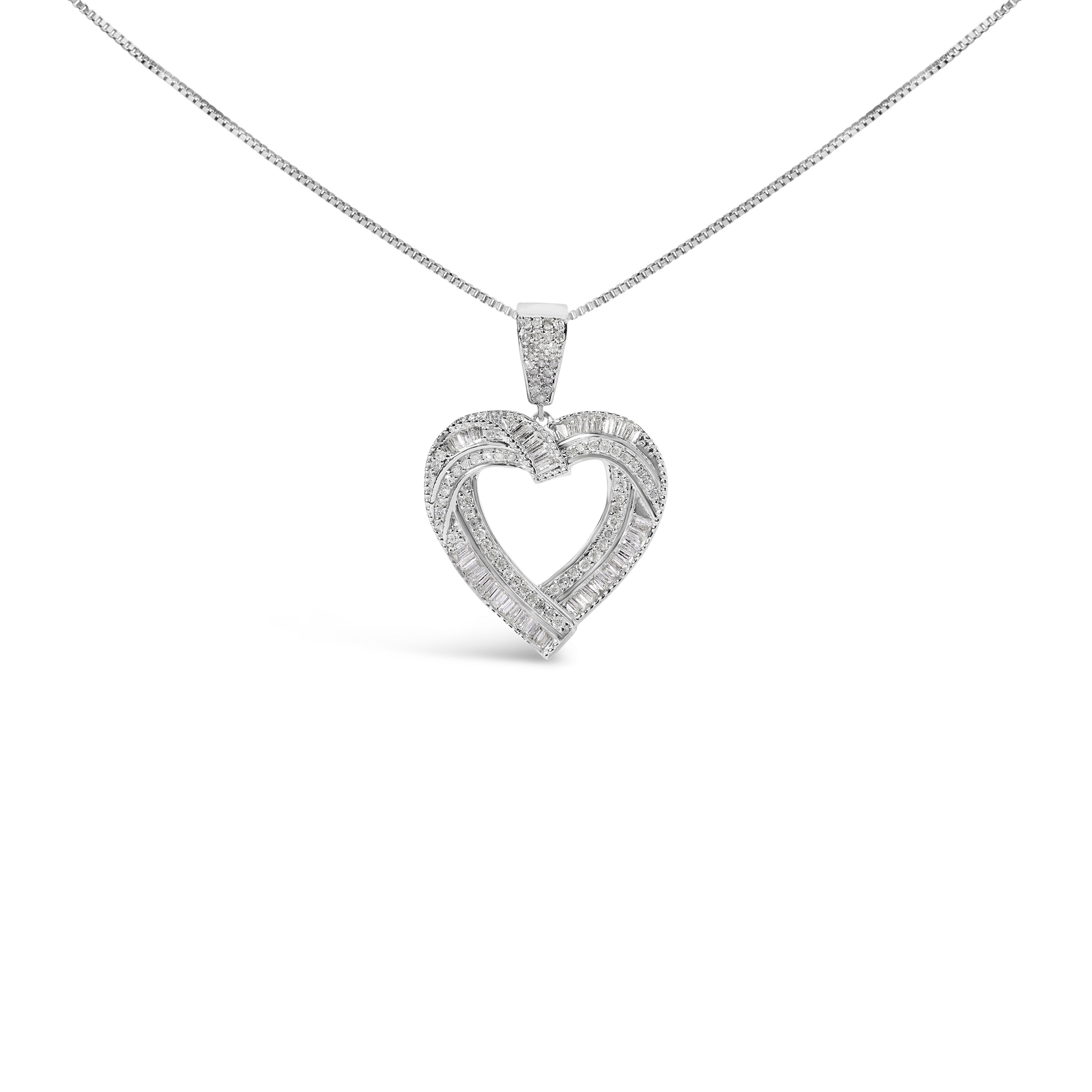 .925 Sterling Silver 1.00 Cttw Baguette and Round Diamond Open Heart Pendant Necklace  DestGlow