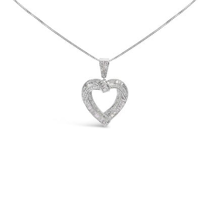 .925 Sterling Silver 1.00 Cttw Baguette and Round Diamond Open Heart Pendant Necklace  DestGlow