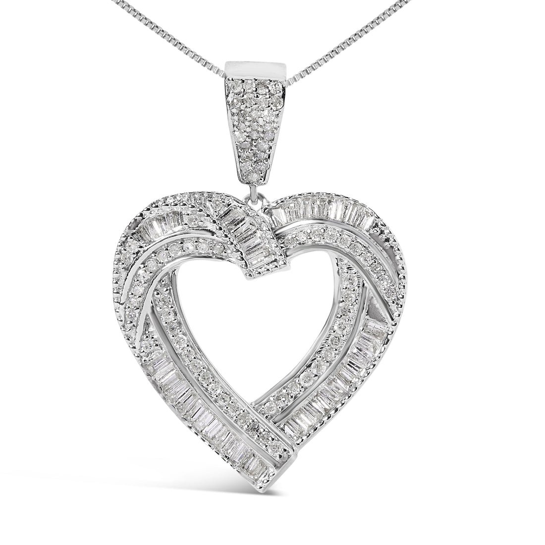 .925 Sterling Silver 1.00 Cttw Baguette and Round Diamond Open Heart Pendant Necklace  DestGlow