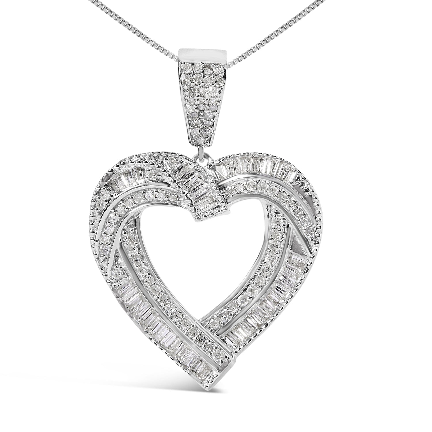 .925 Sterling Silver 1.00 Cttw Baguette and Round Diamond Open Heart Pendant Necklace  DestGlow
