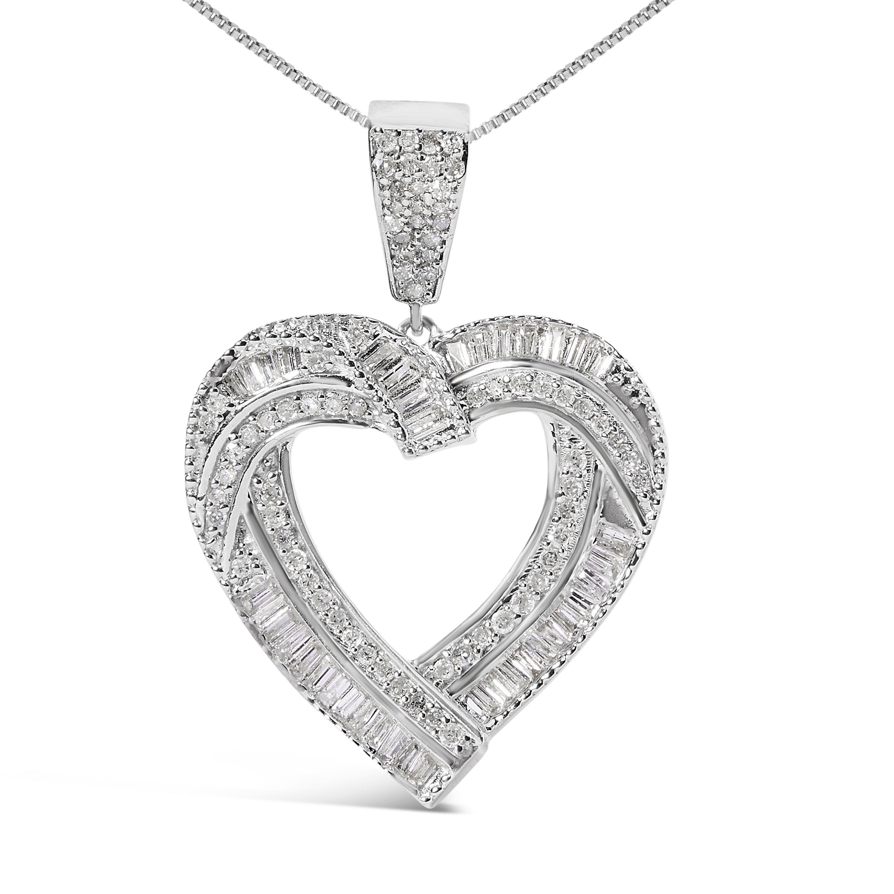 .925 Sterling Silver 1.00 Cttw Baguette and Round Diamond Open Heart Pendant Necklace  DestGlow