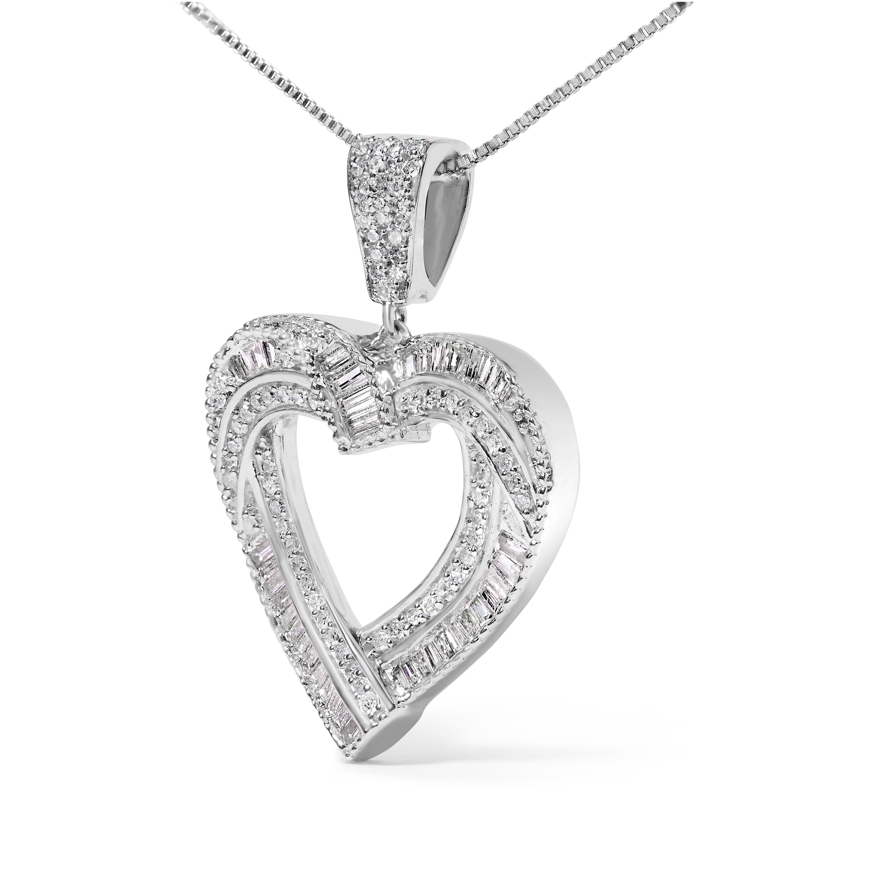 .925 Sterling Silver 1.00 Cttw Baguette and Round Diamond Open Heart Pendant Necklace  DestGlow