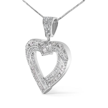 .925 Sterling Silver 1.00 Cttw Baguette and Round Diamond Open Heart Pendant Necklace  DestGlow