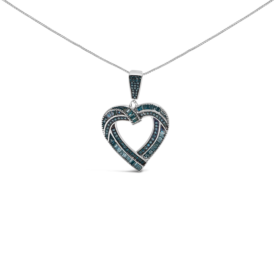 .925 Sterling Silver 1.00 Cttw Baguette and Round Blue Diamond Open Heart Pendant Necklace  DestGlow