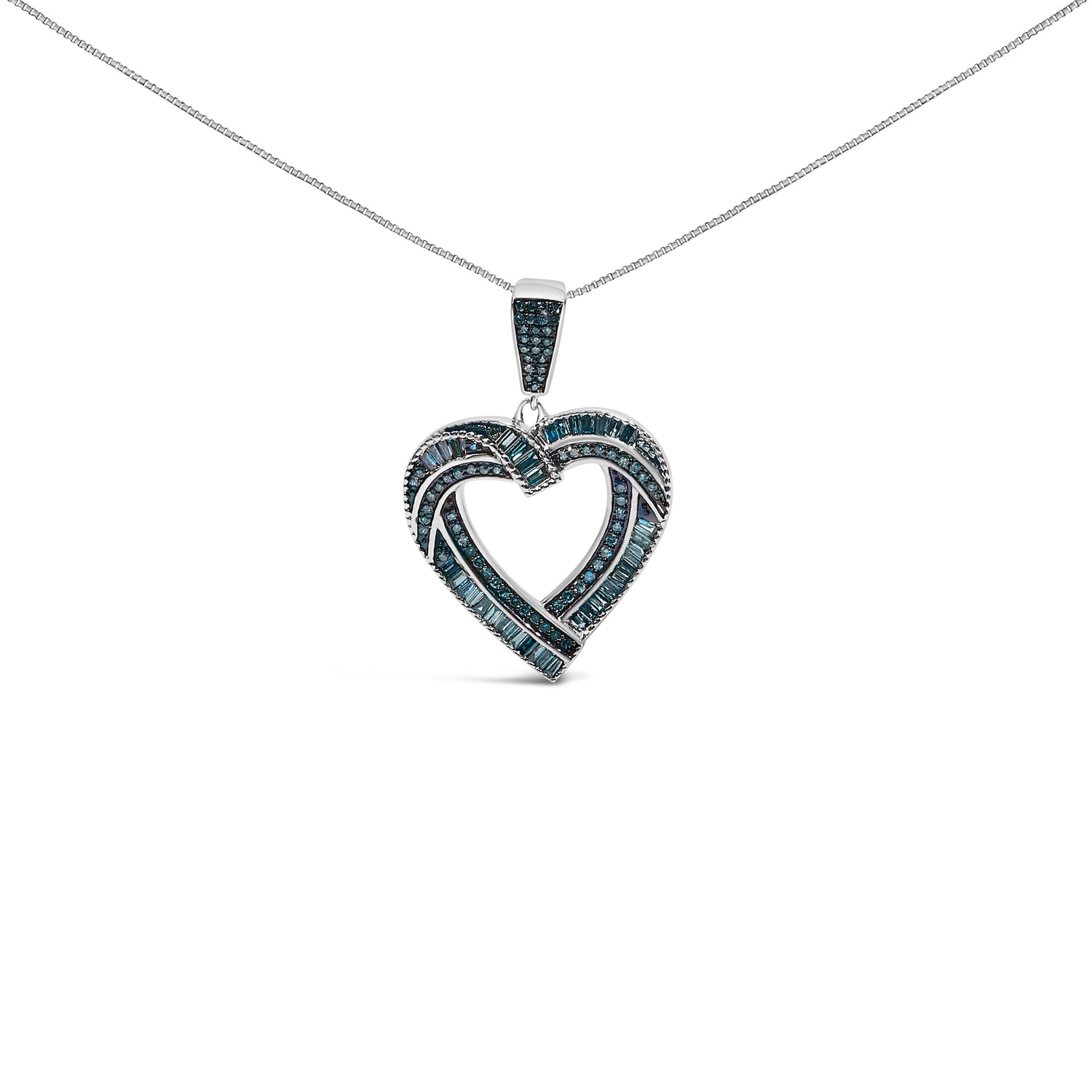 .925 Sterling Silver 1.00 Cttw Baguette and Round Blue Diamond Open Heart Pendant Necklace  DestGlow