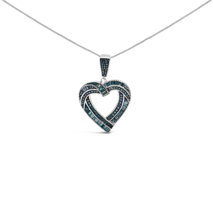 .925 Sterling Silver 1.00 Cttw Baguette and Round Blue Diamond Open Heart Pendant Necklace  DestGlow