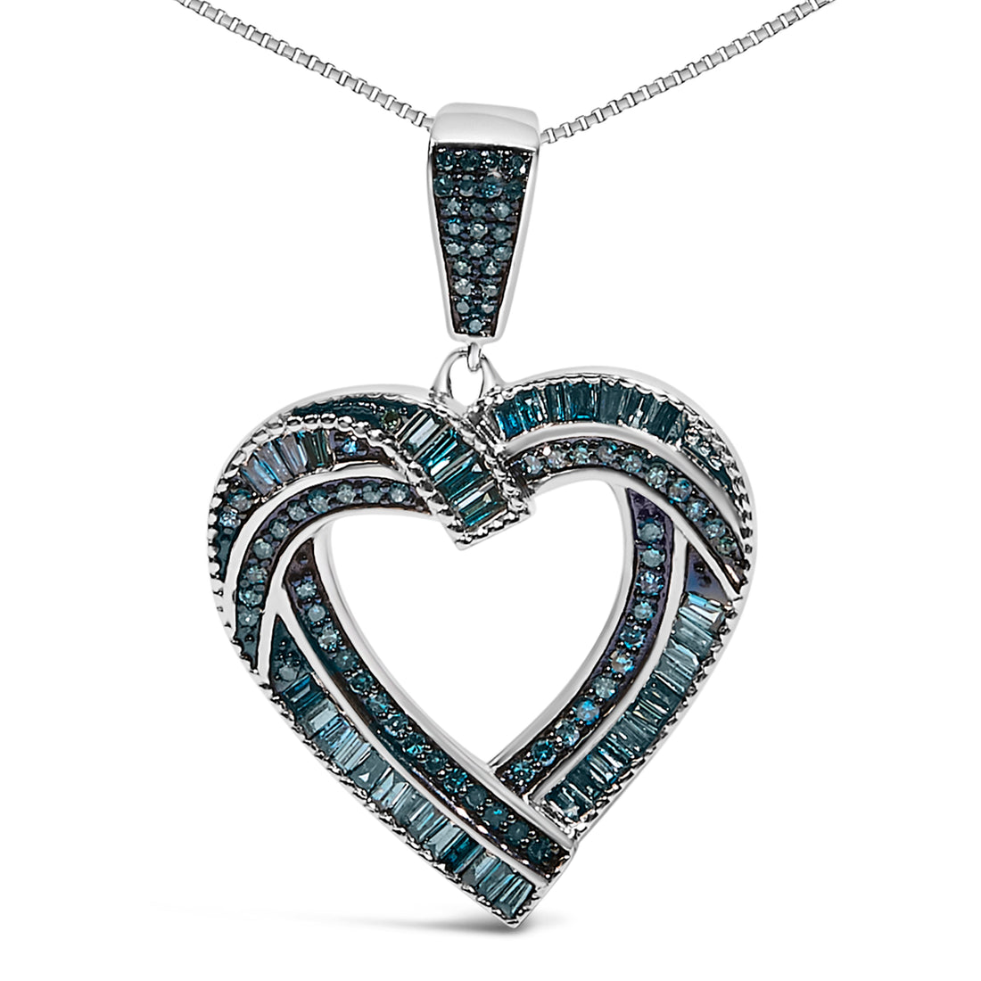 .925 Sterling Silver 1.00 Cttw Baguette and Round Blue Diamond Open Heart Pendant Necklace  DestGlow