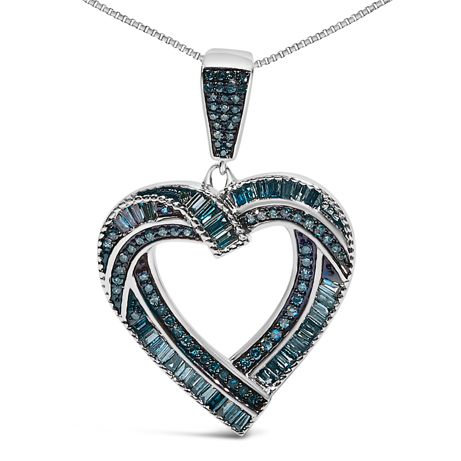 .925 Sterling Silver 1.00 Cttw Baguette and Round Blue Diamond Open Heart Pendant Necklace  DestGlow