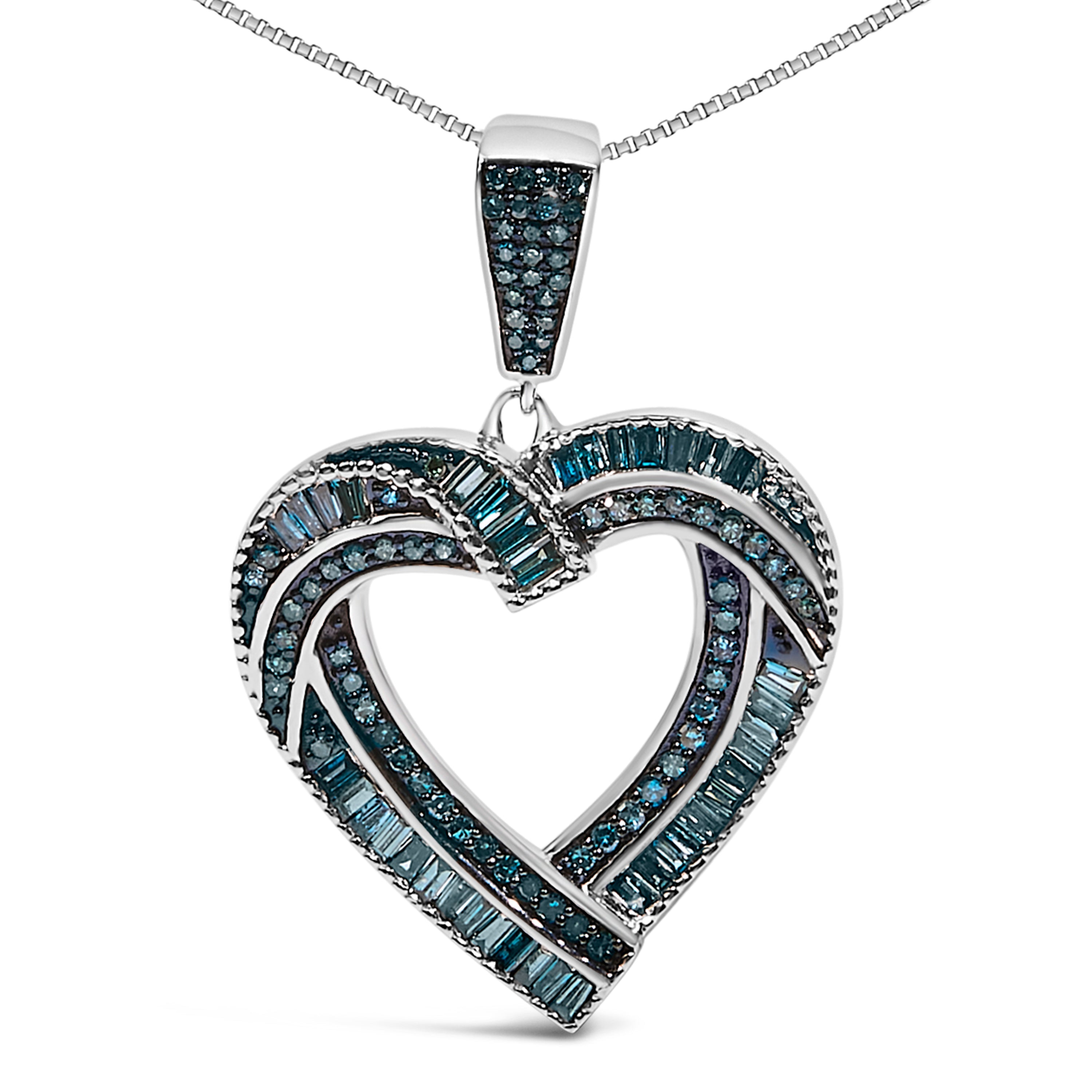 .925 Sterling Silver 1.00 Cttw Baguette and Round Blue Diamond Open Heart Pendant Necklace  DestGlow