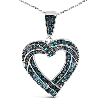 .925 Sterling Silver 1.00 Cttw Baguette and Round Blue Diamond Open Heart Pendant Necklace  DestGlow