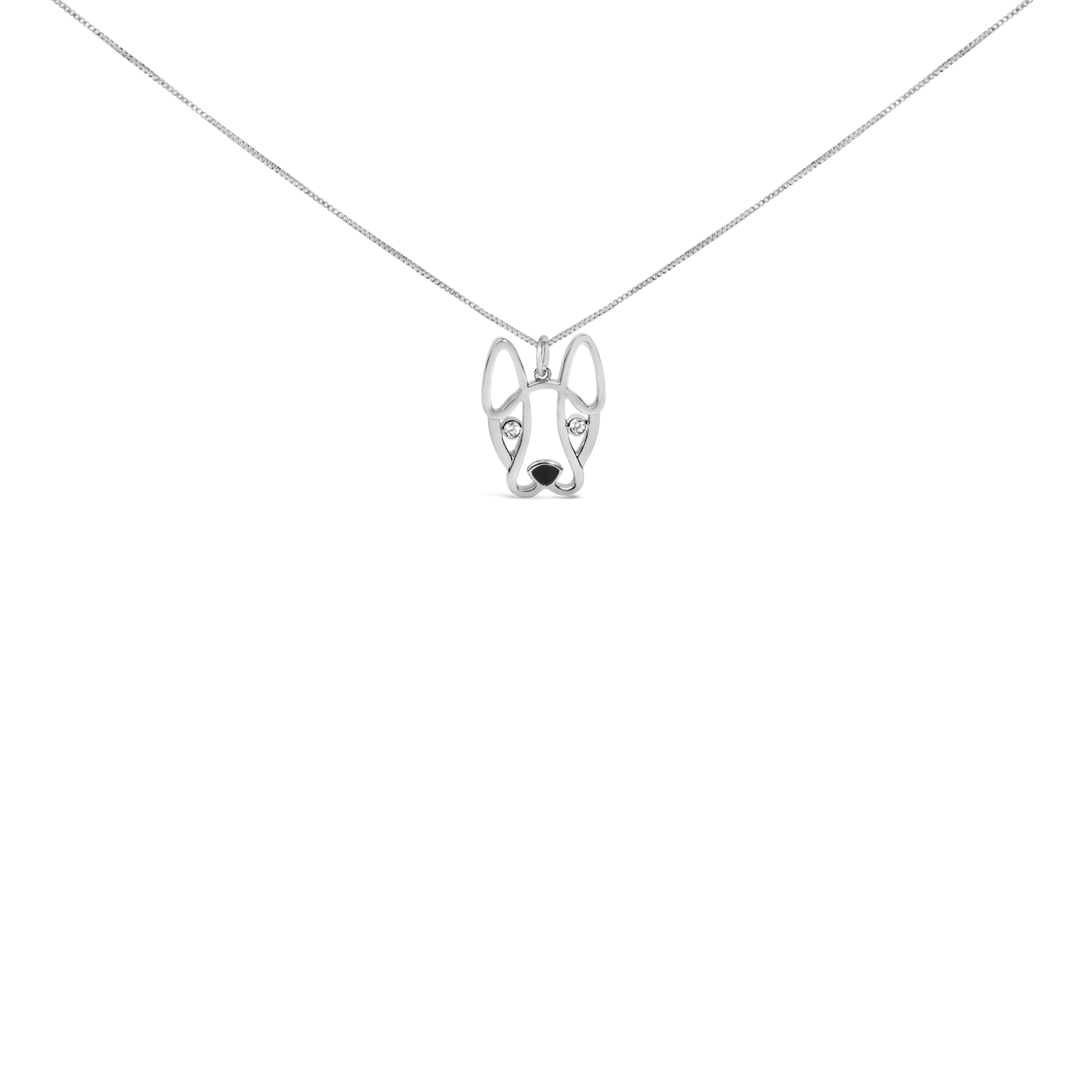 .925 Sterling Silver Diamond Accent and Black Enamel French Bullldog 18" Inch Pendant Necklace inch (I-J Color, I2-I3 Clarity)  DestGlow
