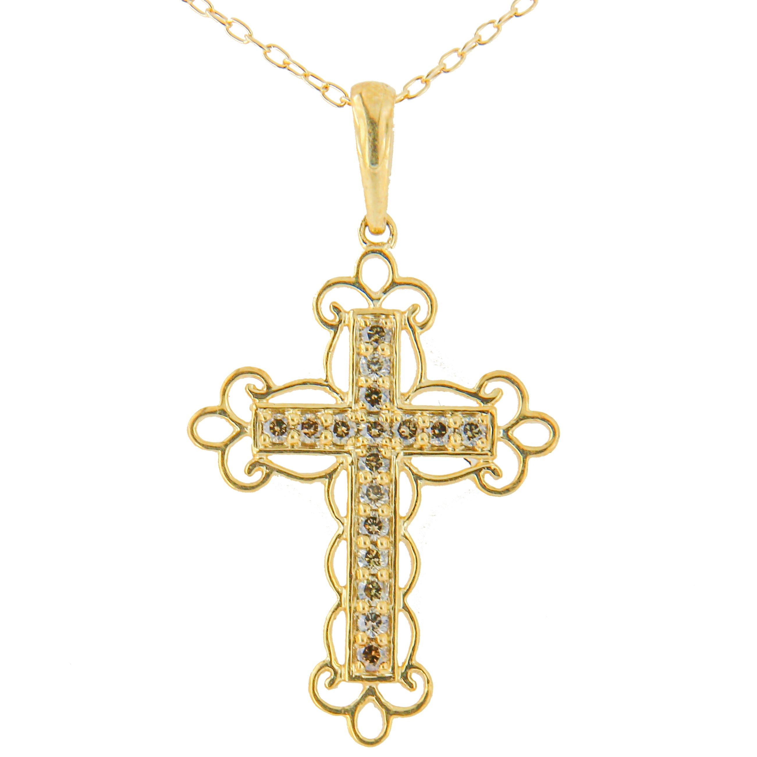 10K Yellow Flashed .925 Sterling Silver 1/4 Cttw Champagne Diamond Filigree Cross Pendant Necklace (K-L Color, I1-I2 Clarity) - 18" by Bids.com