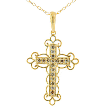 10K Yellow Flashed .925 Sterling Silver 1/4 Cttw Champagne Diamond Filigree Cross Pendant Necklace (K-L Color, I1-I2 Clarity) - 18" by Bids.com