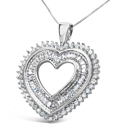 .925 Sterling Silver 1.0 Cttw Baguette and Round Diamond Heart Pendant 18" Necklace (H-I Color, I3 Clarity) by Bids.com