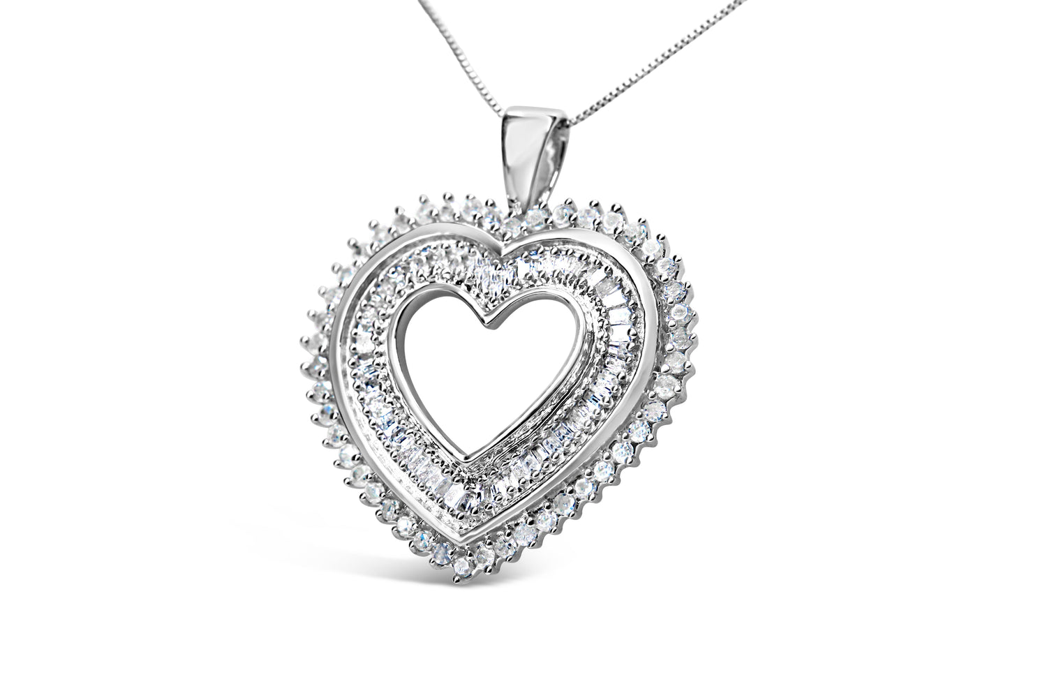 .925 Sterling Silver 1.0 Cttw Baguette and Round Diamond Heart Pendant 18" Necklace (H-I Color, I3 Clarity) by Bids.com