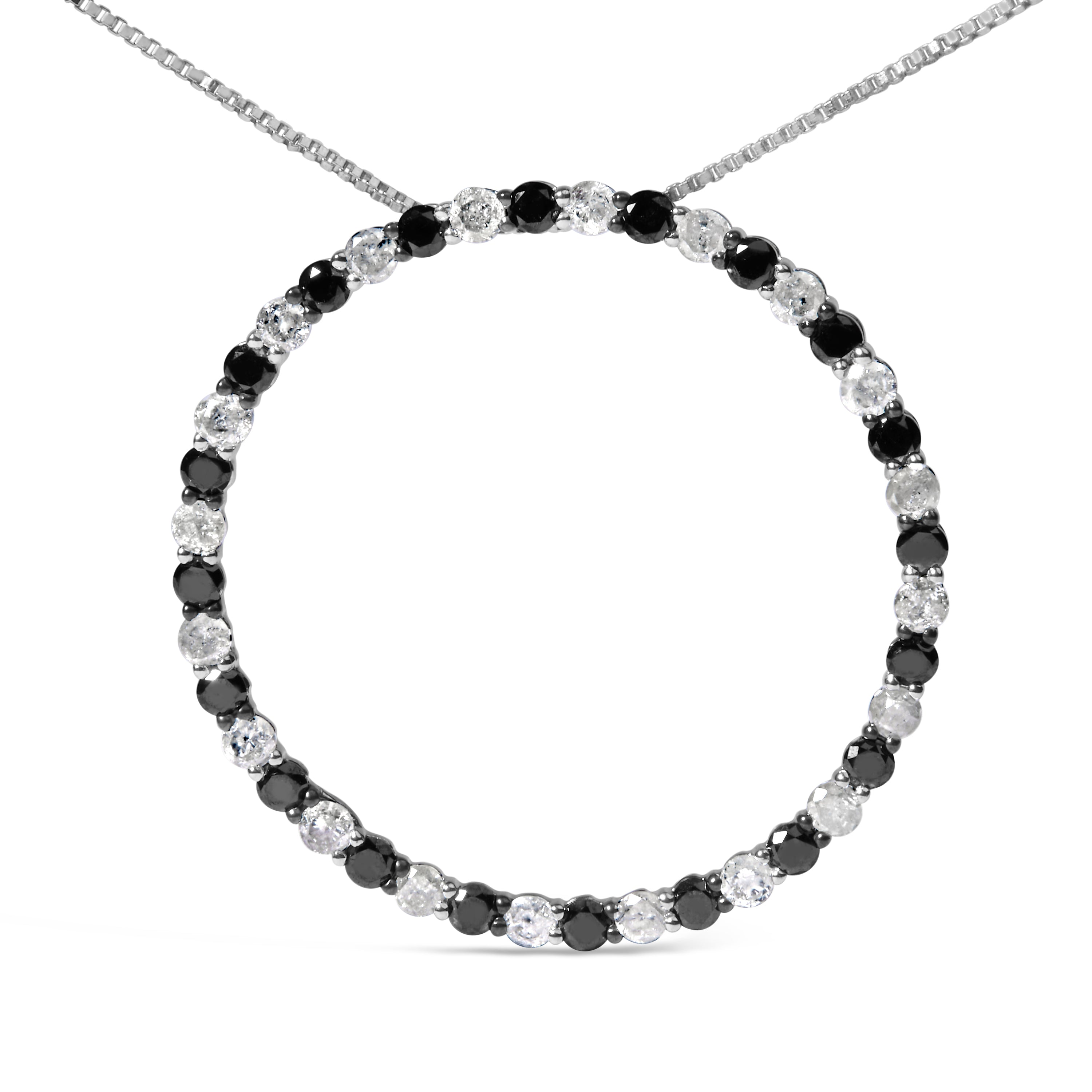.925 Sterling Silver 2.0 Cttw Alternating Black and White Diamond Open Hoop Circle Pendant Necklace (H-I Color, I2-I3 Clarity) - 18" Inches by Bids.com
